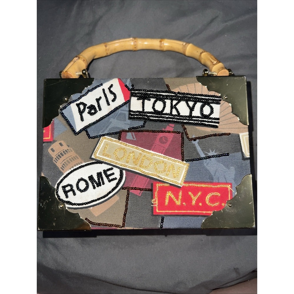 Romeo Roma Cigar Box Purse Bamboo Handle Beaded, Paris, Tokyo, London, NYC, Rome